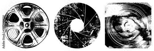 Classic film reel with perforations, camera shutter diaphragm, vinyl record grooves vector for, cinema, and design.