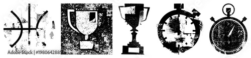 Retro distressed basketball hoop, championship trophy, analog stopwatch. Sports symbols with gritty texture,, stylized vector graphics.