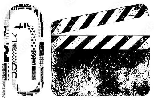 Film production clapperboard with striped and distressed texture, paired with abstract graphic shapes and typography, halftone style vector art.
