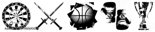 Classic dartboard with numbered segments, medieval swords, halftone basketball, worn boxing gloves, ornate championship trophy vector sports and gaming symbols.