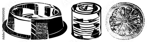 Graphic illustration of dessert mold, canned drink, and citrus section, rendered in high contrast, vintage woodcut texture, and bold silhouette style.