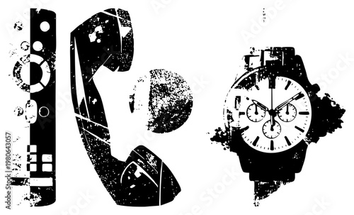 Retro rotary phone and analog chronograph watch, distressed graphic, vector, vintage tech, isolated objects with grunge effect.
