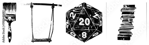 Worn paintbrush, rope swing, polyhedral die, stacked books all in distressed black and white vector art. Art supplies, game gear, study tools, creative tools, educational props.