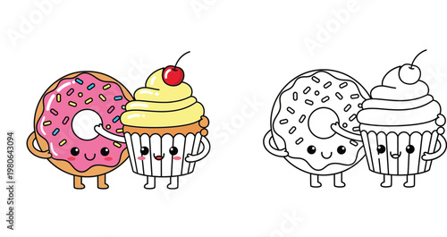 Cute Cartoon Donut and Cupcake Best Friends Illustration, Kawaii Sweet Treats Set with Color and Line Art Versions for Kids Coloring Book