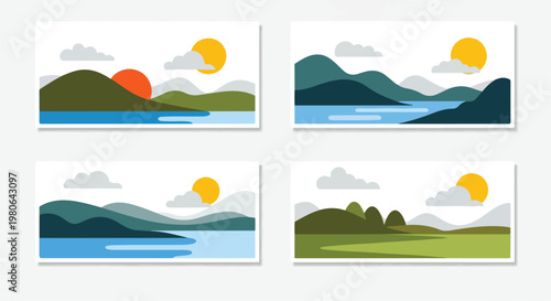 Set of 4 Flat Design Landscape Vector Illustrations with Mountains and Water
