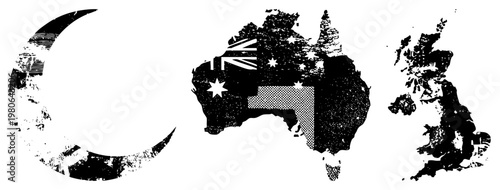Distressed black and white map silhouettes of Australia, United Kingdom, and moon with halftone and brushstroke textures, ideal for vintage travel or geopolitical design.
