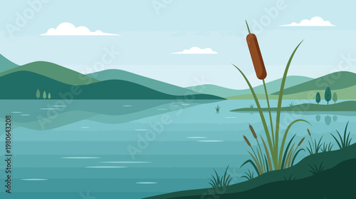 Serene lakeside landscape with rolling hills and cattails by the water