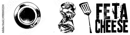 Feta cheese logo with distressed typography, crumpled aluminum can, spatula, rustic kitchen elements, minimalist design.