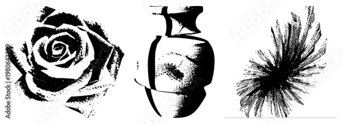 Stylized halftone graphics of rose bloom, ceramic vase, and feather explosion, vector art,, graphic design elements, isolated foreground.