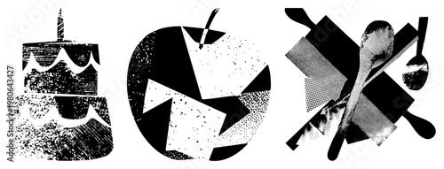 Stylized vector layered cake with candle, halftone, spoons and spatula. Retro screen print aesthetic, geometric abstraction.