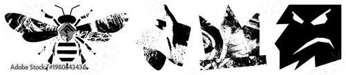 Graphic featuring a textured bee, abstract shape, crown like form, and angry face all in stark black and white, isolated vector art for branding or UI.