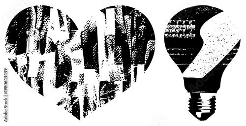Distressed heart and lightbulb vector, halftone texture, urban graphic design, black and white illustration, conceptual symbols.