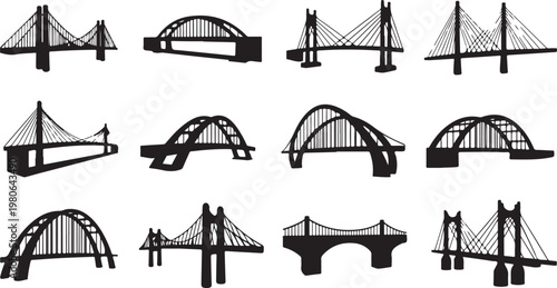 Various bridge silhouettes in different architectural styles and designs