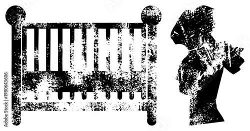 Mother cradling infant in textured silhouette, beside classic wooden crib, nursery scene, parenting, halftone graphic, design.