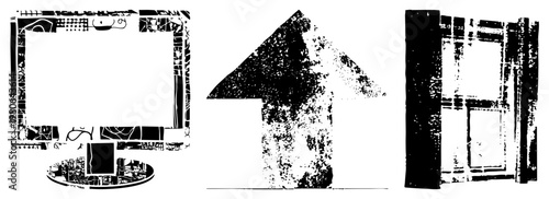 Grunge style vector ornate frame, upward arrow, classic window pane, all rendered in halftone texture with bold black strokes. Retro graphic elements for design projects.