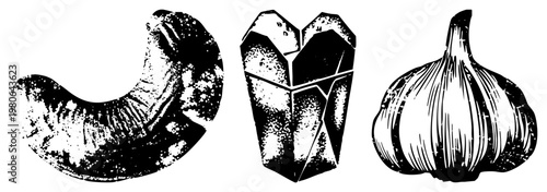 Retro kitchen seasoning containers, salt shaker, pepper shaker, garlic bulb, distressed wood texture, vintage diner aesthetic, black and white vector illustration.