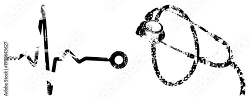 Medical stethoscope and ECG waveform graphic, healthcare, medical illustration, diagnostic tool, black and white vector, clinical design.