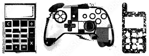 Vintage electronic devices including calculator, game controller, and flip phone, rendered in halftone style, isolated vector graphics for digital design.
