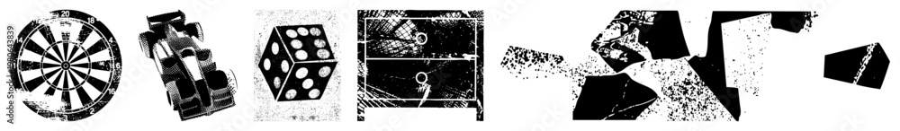 Obraz premium Fragmented polygonal forms with halftone noise, abstract composition, digital vector art, graphic design elements, isolated shapes.