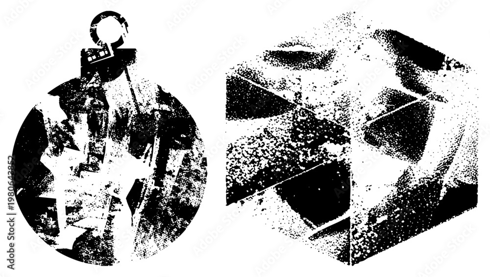 Obraz premium Vector featuring halftone textured anchor and cube, graphic design, digital art, typography elements, minimalist shapes.