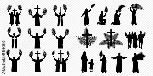 Palm Sunday and Easter Christian Religious Silhouettes Set.