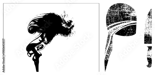 Sci fi horror creature head, biomechanical design, alien predator, weaponized blade, dystopian, black and white halftone, vector graphic, isolated elements.