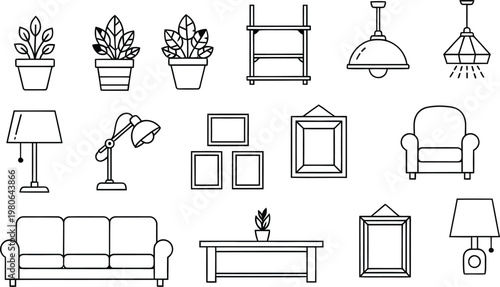 A collection of simple line art icons representing various common household furniture and decor items.