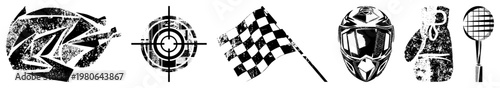 Checkered flag, helmet, gloves, racket, target, and abstract speed graphic, all in gritty vector art, motorsport and sports equipment, design.