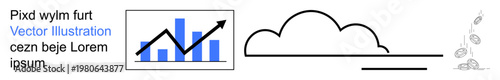 Business growth, data analysis, climate change, nature, conceptual ideas, and progress. Black graph with blue bars and upward arrow, cloud outline and falling leaves. Business growth and data