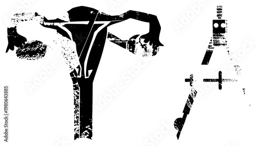 Stylized human form with fragmented limbs, paired with drafting tools and symbols, graphic, stencil texture, vector art, design concept.