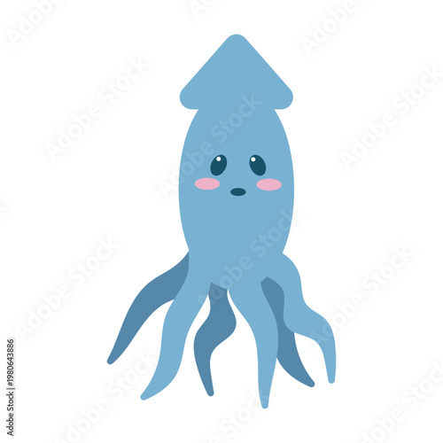 Cute Sad Blue Squid Cartoon Illustration Isolated on White