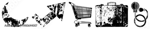 Grunge styled travel symbols including suitcase, shopping cart, and pressure gauges, ideal for retro design projects.