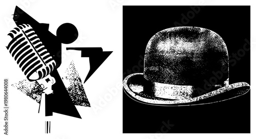Retro microphone with grille and bowler hat rendered in halftone dot, vector illustration, black and white graphic design, isolated, classic radio era, formal headwear.