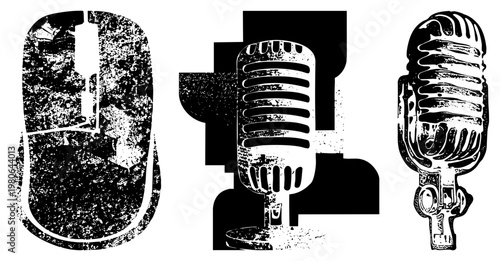 Classic microphones with ribbed grilles and stand bases, alongside a textured computer mouse, rendered in high contrast halftone style, ideal for retro tech or themes.