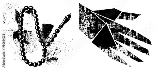 Black and white vector illustration of prayer beads and hand, halftone style, religious artifact, spiritual tool, Islamic devotional item, textured graphic.