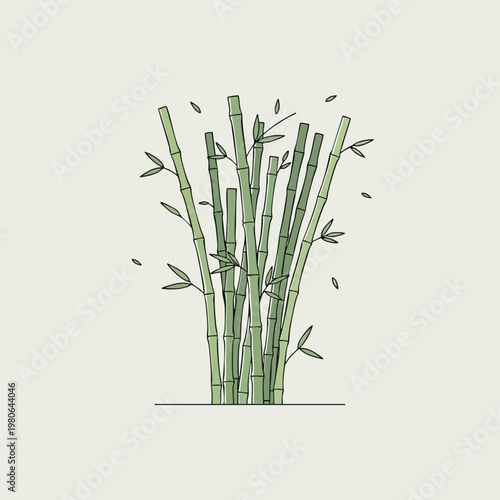Fresh Green Bamboo Stalks with Falling Leaves on Light Background