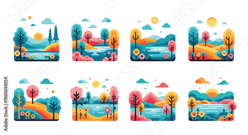 Set of 8 Flat Design Landscape Illustrations with Trees, Lakes, and Mountains Vector