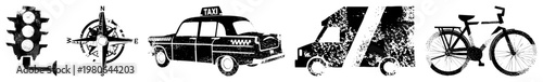 Retro taxi and bicycle rendered in gritty halftone style, isolated transport, urban mobility symbols, stylized vector graphics.