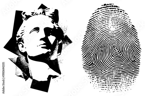 Black and white vector graphic of classical sculpture bust and fingerprint, halftone style, isolated elements, forensic and art contrast.