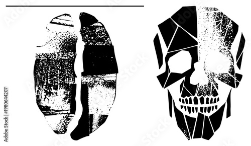 Distorted skull and shoe print vector art, broken geometric shapes, glitch texture, graphic, stencil style, punk aesthetic, street art motif.