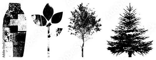 Grunge styled vector bottle, sprout, deciduous tree, evergreen pine. Eco friendly, botanical, rustic, minimalist design. Nature motif, growth symbols.