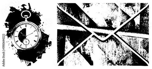 Antique pocket watch surrounded by shattered gear fragments, paired with halftone X ray intersecting, vector art, design, mechanical motif, timepiece graphic.