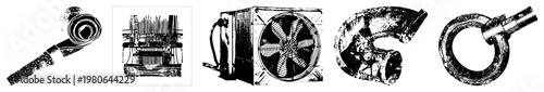 Collection of mechanical components including fan, pipe, bolt, gear, and motor housing, rendered in gritty vector style with halftone texture and distressed edges.