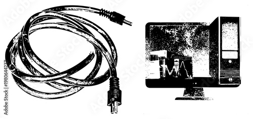 Black and white halftone illustration of power cord and CRT monitor displaying waveform, retro tech, isolated vector graphic, digital era artifact.