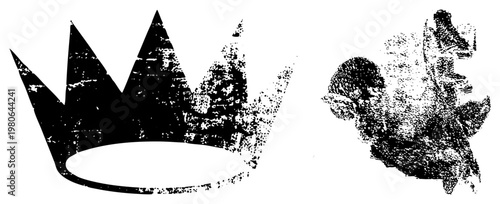 Vintage crown with worn texture, ink splatter art, graphic design element, symbol, stylized emblem, illustration, artistic composition.