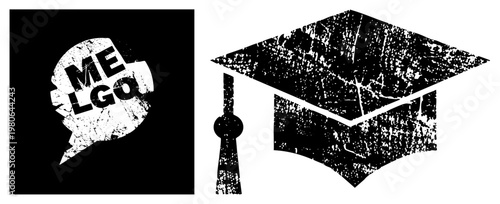 Distressed graduation cap with tassel, speech bubble with "ME LGO" text, gritty texture, bold, urban graphic design, isolated vector elements.
