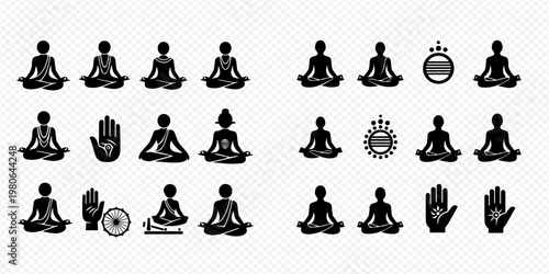 Set of various meditation and yoga poses with spiritual symbols in black and white.