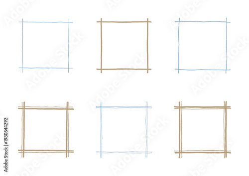 青と茶色の手描きの線で囲まれたシンプルなフレームのセット