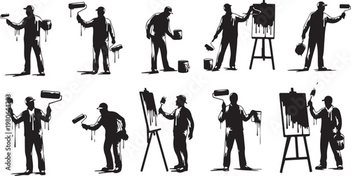Silhouette of a man painting with various tools and techniques