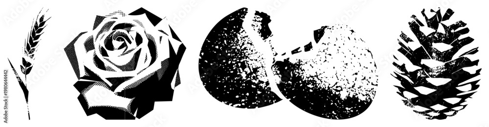 Obraz premium Stylized botanical vector rendered in halftone dot, including wheat stalk, rose, cracked egg, pinecone ideal for graphic design, print, or web assets.